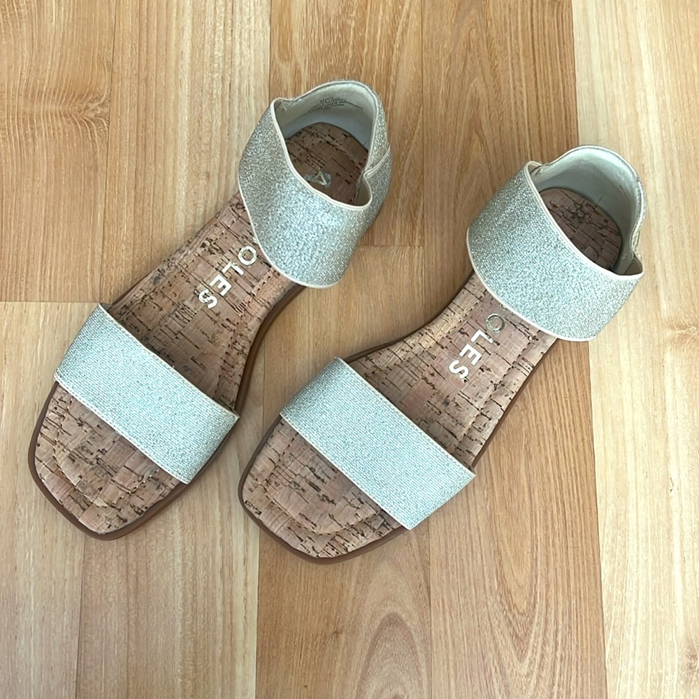 Aerosoles Gold & Silver Glitter Elastic Ankle Strap Cork Flat Sandals Womens 9M
